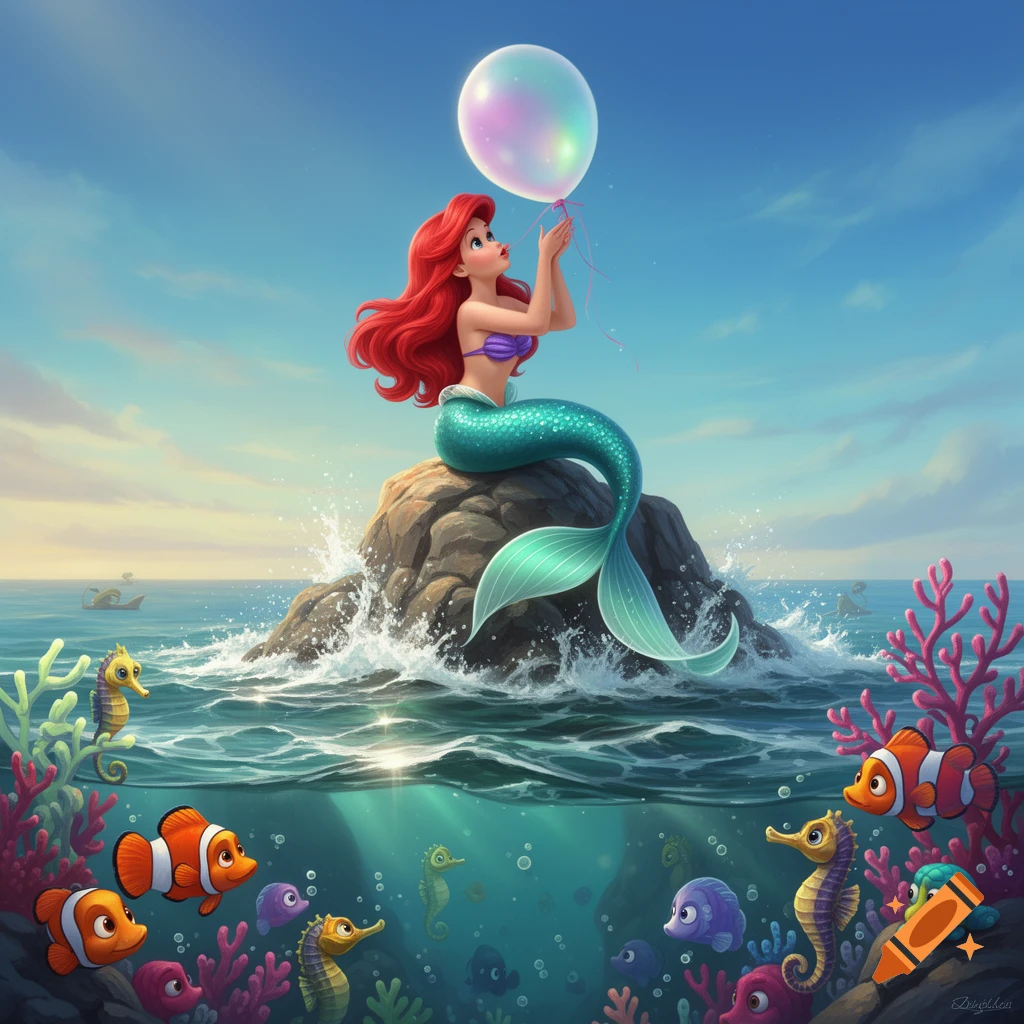 Ariel the mermaid sits on a rock holding a translucent balloon in a vibrant cartoon ocean scene with clownfish and seahorses.