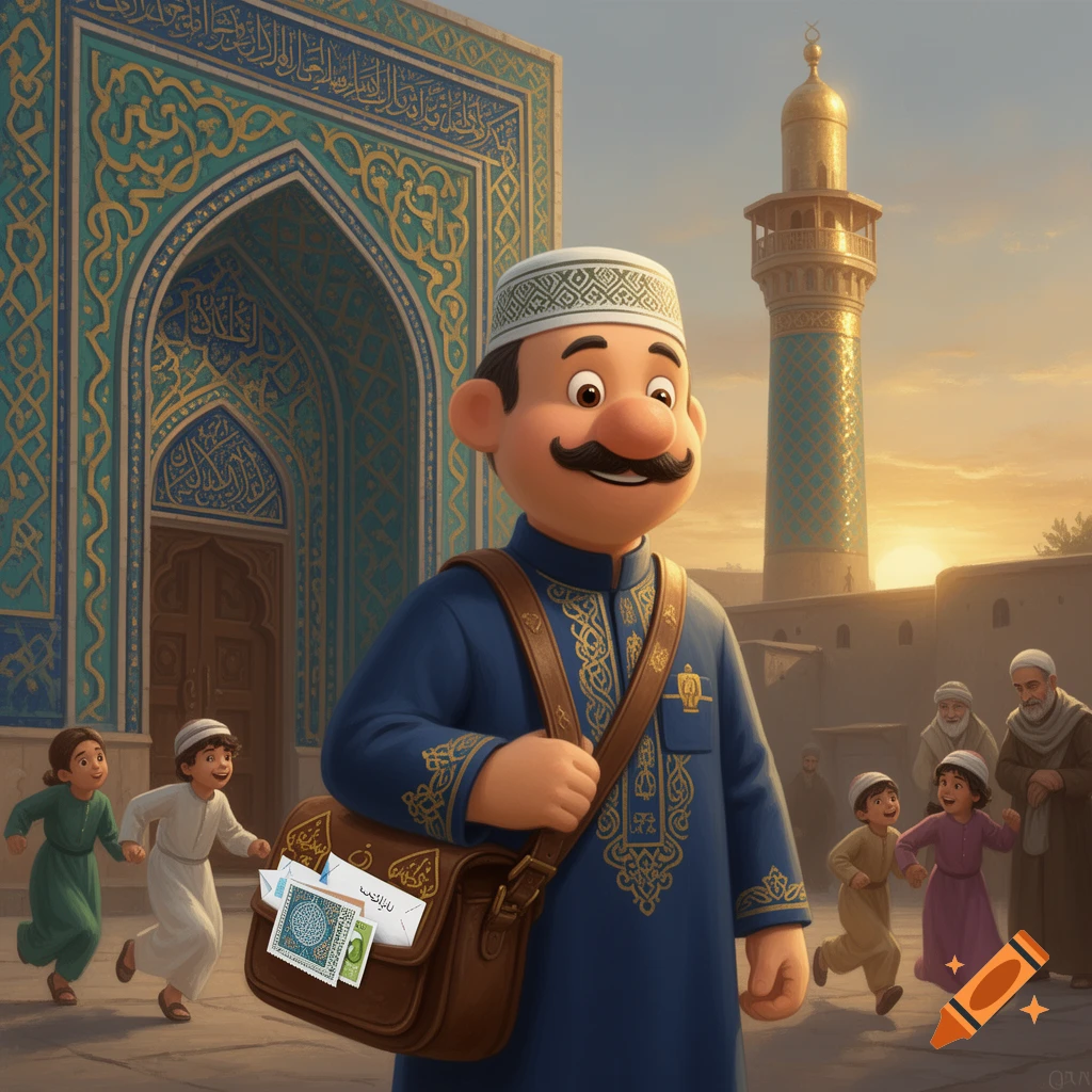 Cartoon Islamic postman with a mustache and cap carrying a satchel, with children running after him near a mosque and minaret at sunset.