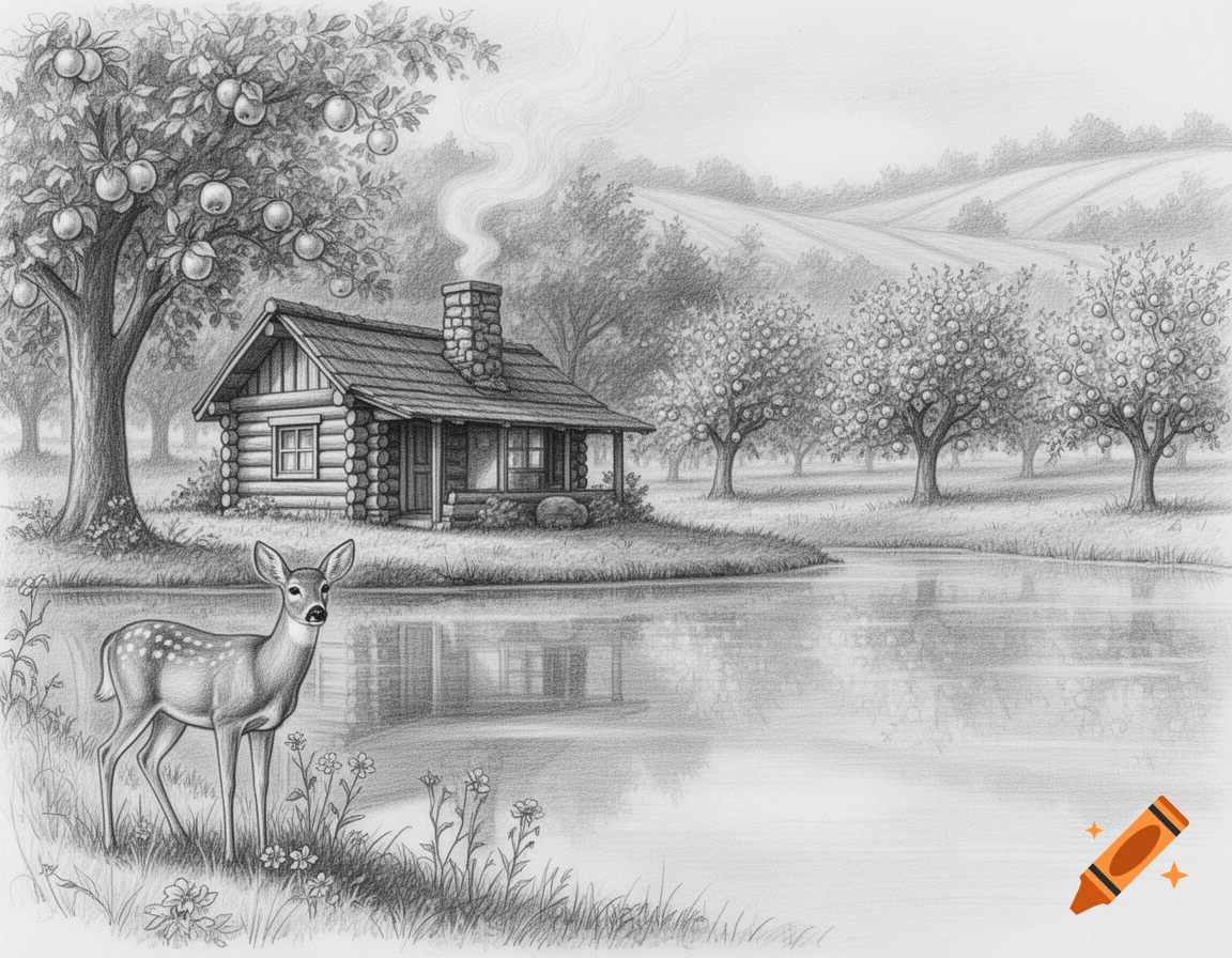 A detailed pencil sketch of a cozy cabin by a tranquil lake, with a spotted deer in the grassy foreground and an apple orchard in the distance.
