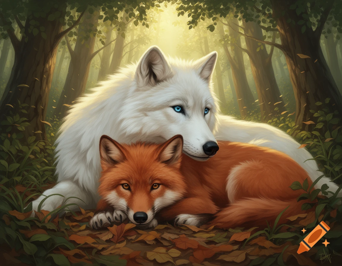 A large white wolf with blue eyes rests protectively over a smaller red ...