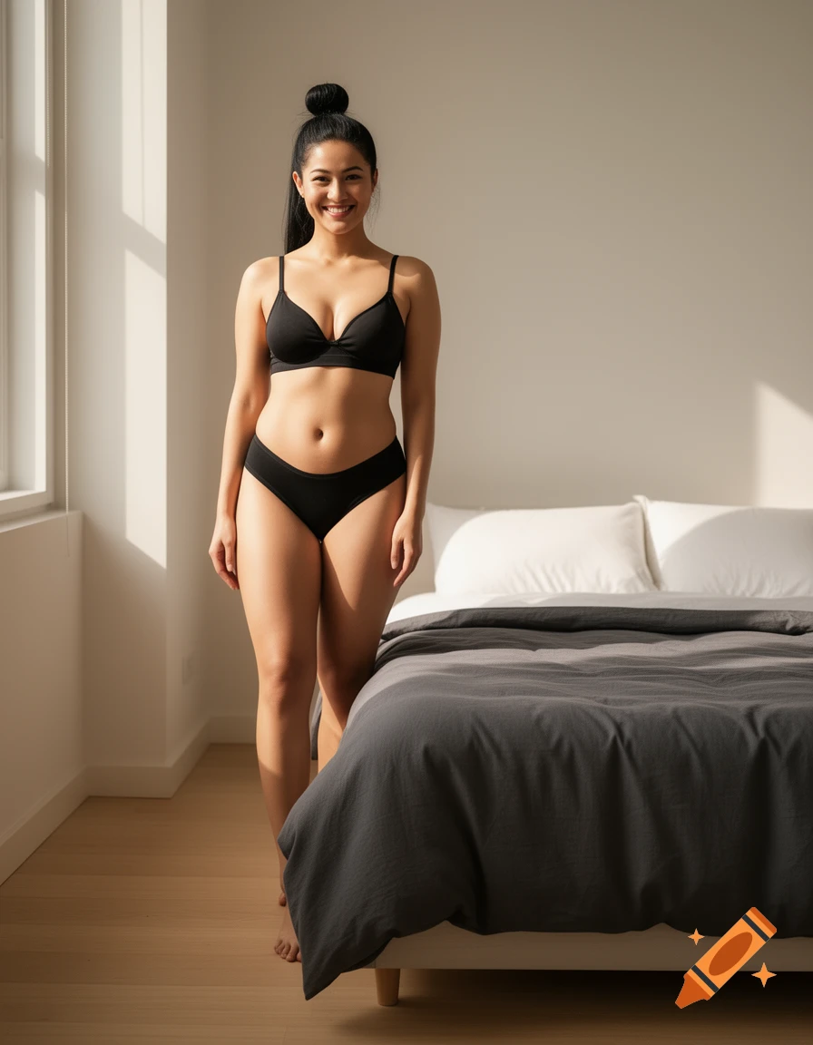 A smiling woman with black hair in a bun wears a black bra and underwear, standing next to a bed in a sunlit room.