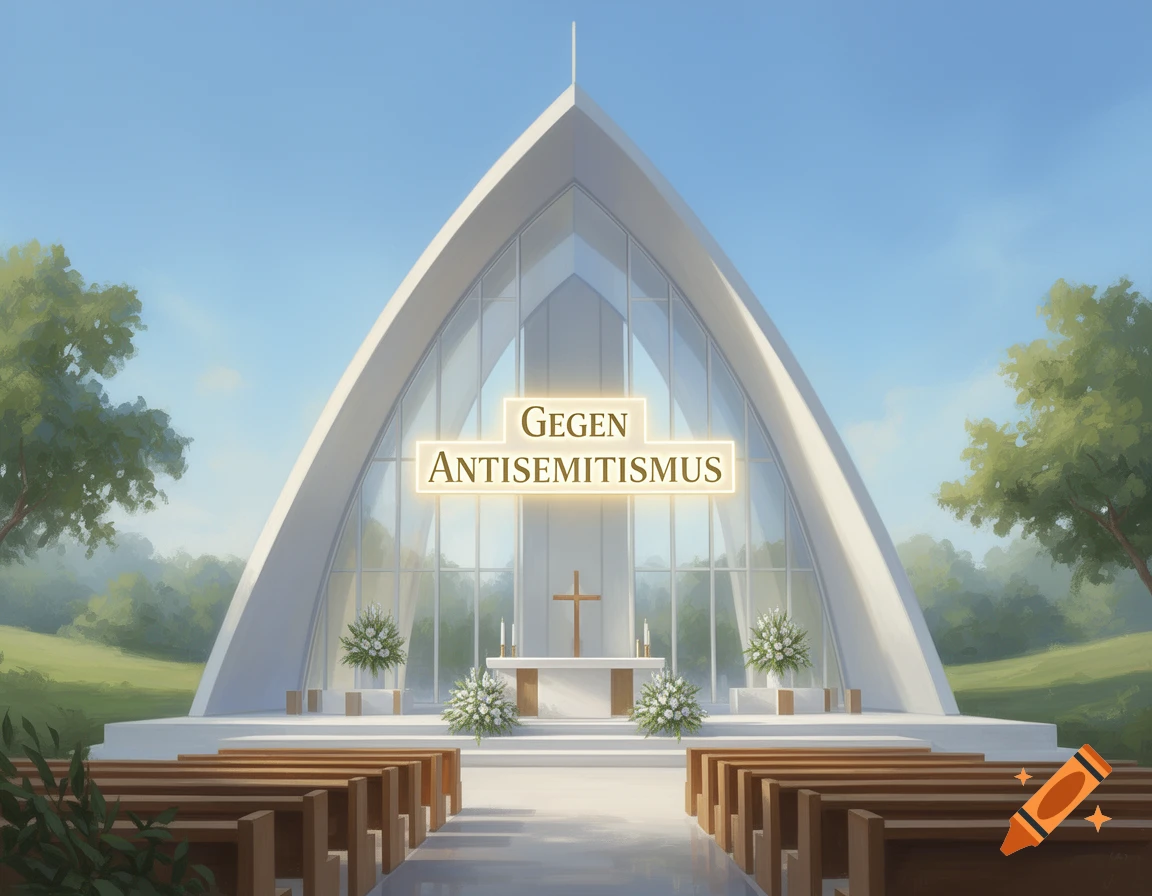 A modern white church building with large glass windows and a prominent cross at the altar, set in a peaceful green landscape under a blue sky. The text "GEGEN ANTISEMITISMUS" is displayed on the facade.