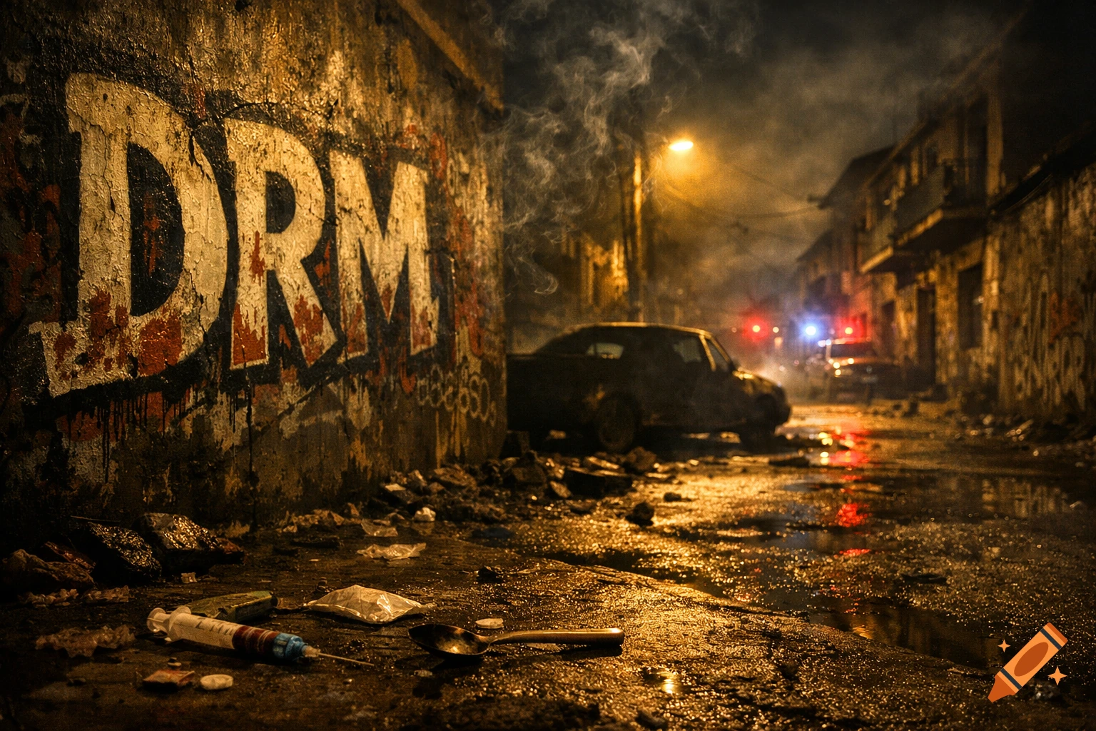 Gritty night scene in an alley with 'DRM' graffiti, drug paraphernalia, a broken car, and police lights in the distance.