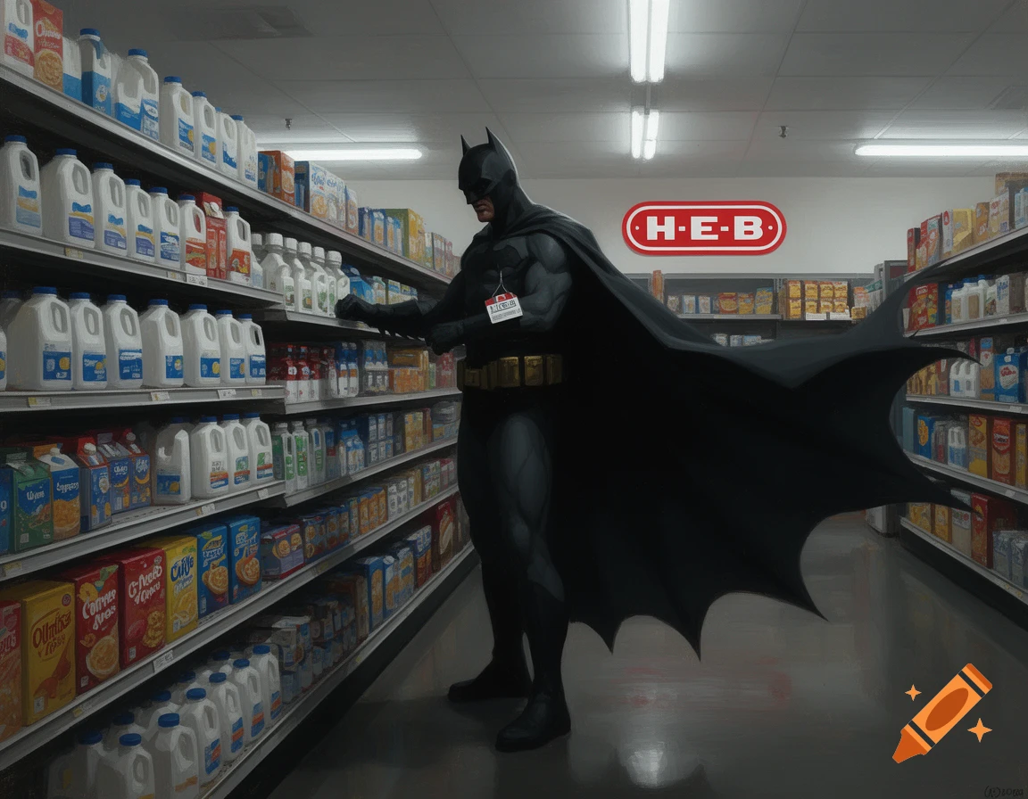 Batman, dressed in his full costume with a flowing cape, stands in the dairy aisle of an H-E-B grocery store, looking at products on the shelves. The store sign for H-E-B is visible in the background.