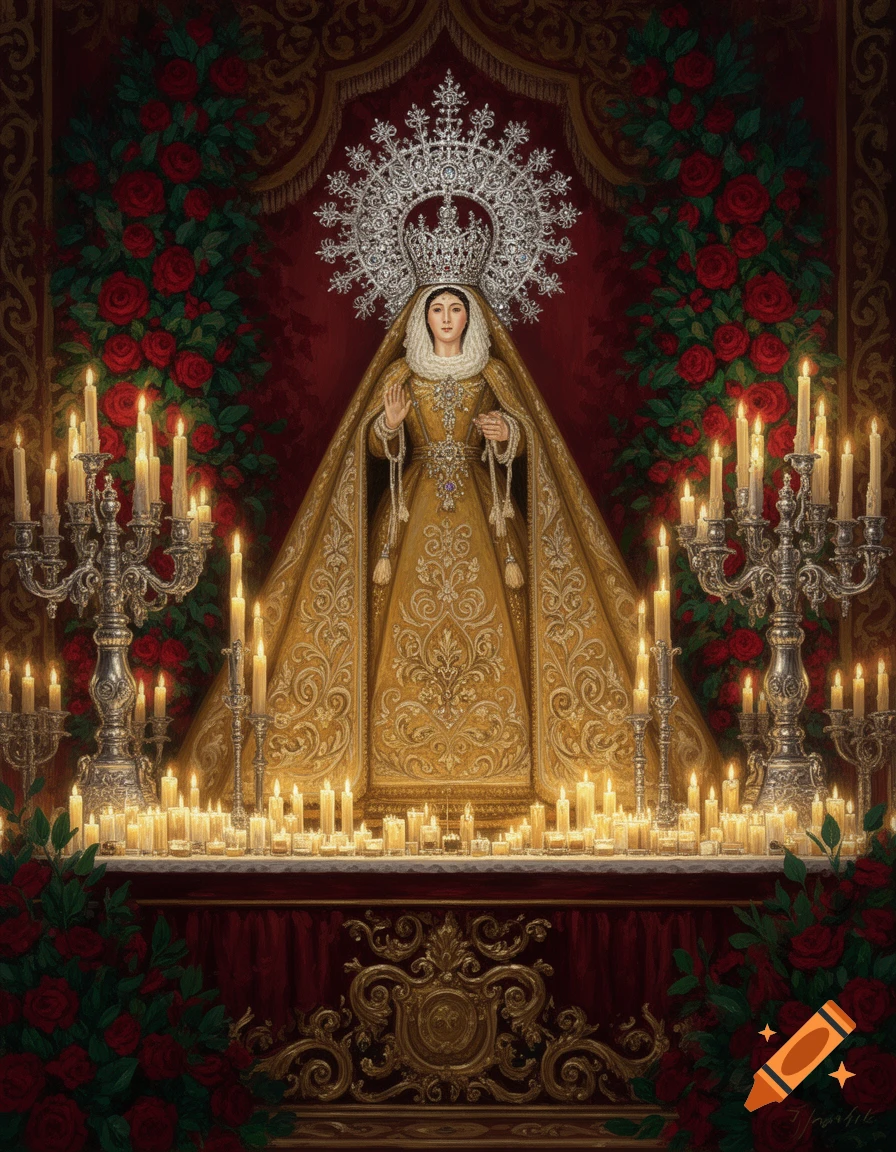 A detailed painting of a statue of the Virgin Mary, adorned in an ornate gold gown, white veil, and large silver crown, surrounded by numerous lit candles and red roses on a red and gold background.