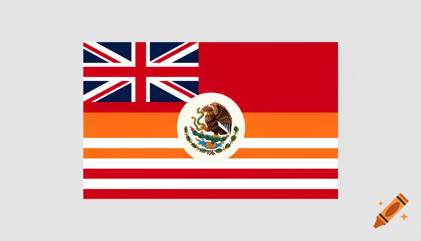 A custom flag with a Union Jack in the upper left, horizontal red, orange, and white stripes, and the Mexican coat of arms centered on the stripes.