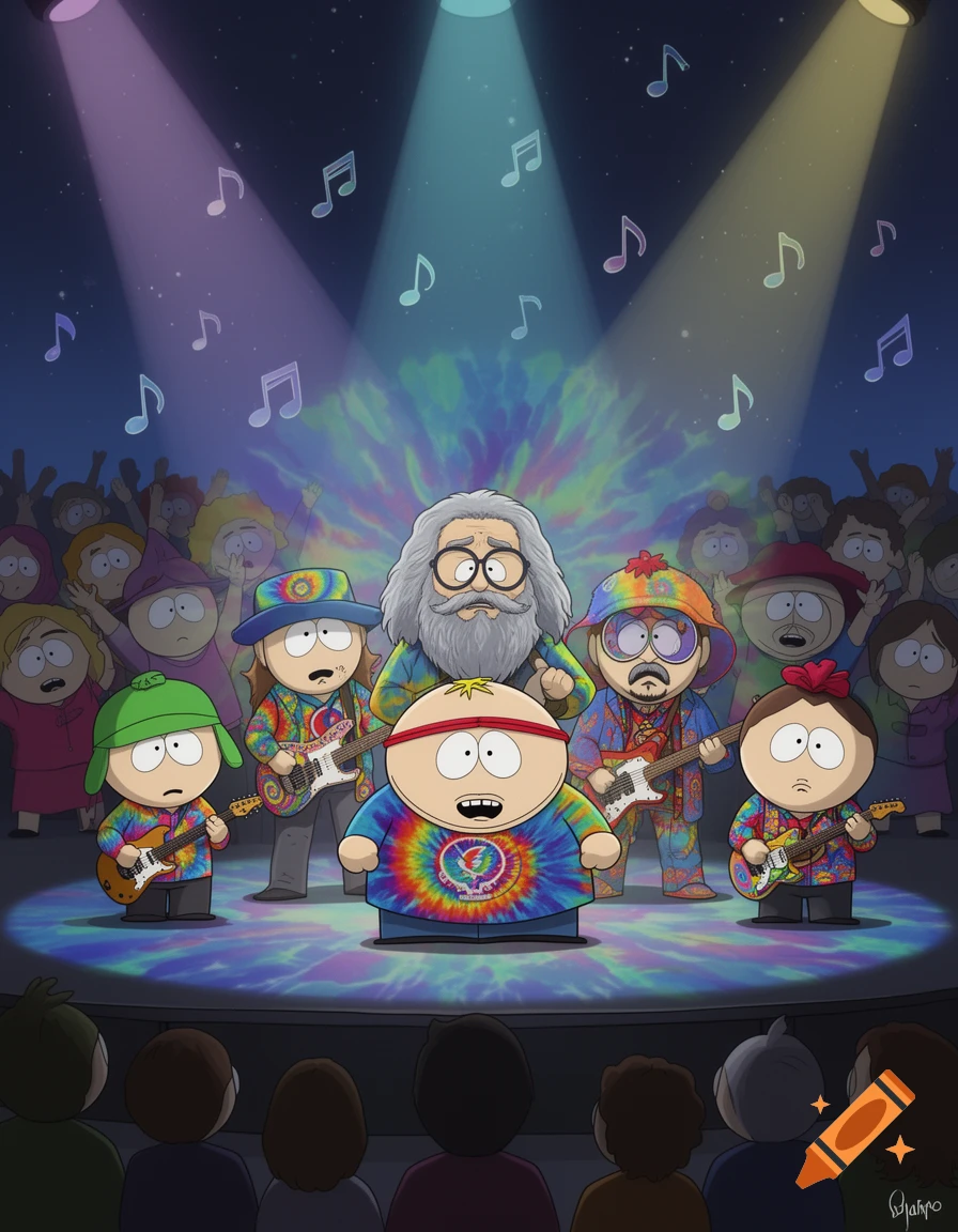 South Park characters dressed as Grateful Dead members perform on a stage with tie-dye patterns under spotlights, as a crowd watches.