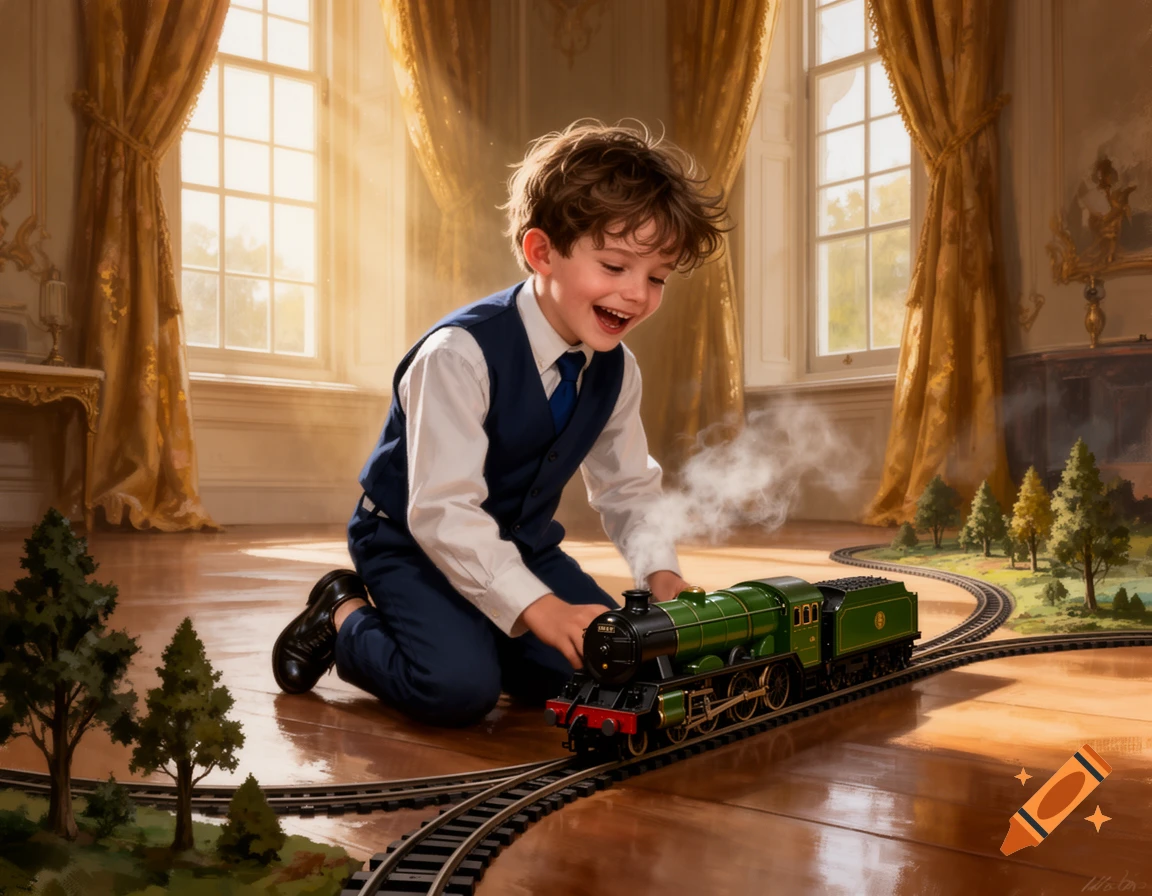 A smiling boy in a vest and white shirt plays on his knees with a detailed green model steam train on a wooden floor, with track winding around miniature trees in a sunlit room.
