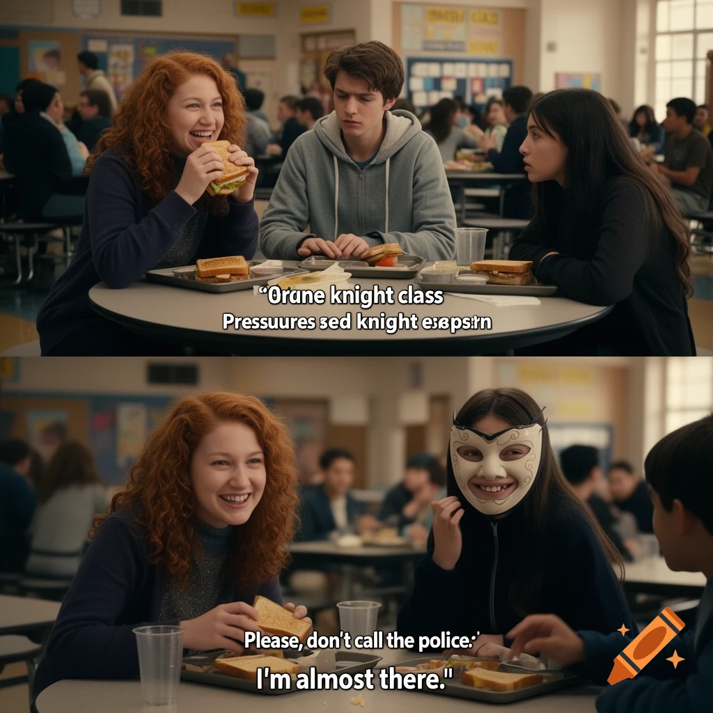 Split image of teenagers in a cafeteria, with dialogue subtitles. In the top, a girl eats a sandwich laughing, a boy looks displeased, and another girl looks concerned. In the bottom, the laughing girl continues, while the other girl wears a white mask.