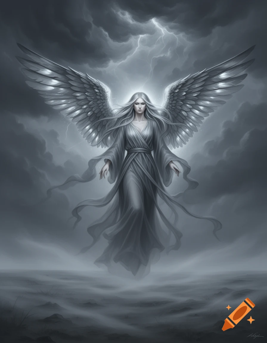 Ethereal grayscale angel with large feathered wings and long hair stands in a stormy, misty sky with lightning.