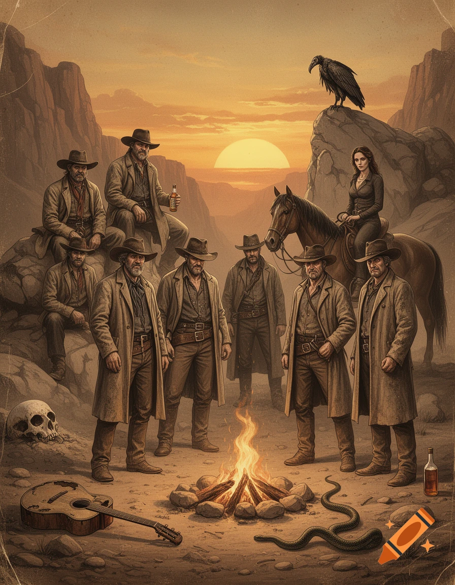 Wild West art of cowboys and a woman on horseback around a campfire in a dusty canyon at sunset, with a vulture, skull, snake, and guitar.