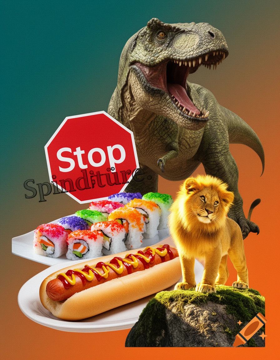 A collage featuring a T-Rex, a lion on a rock, a hotdog, a plate of sushi, and a stop sign with text 'Stop Spinditüre' against a gradient background.