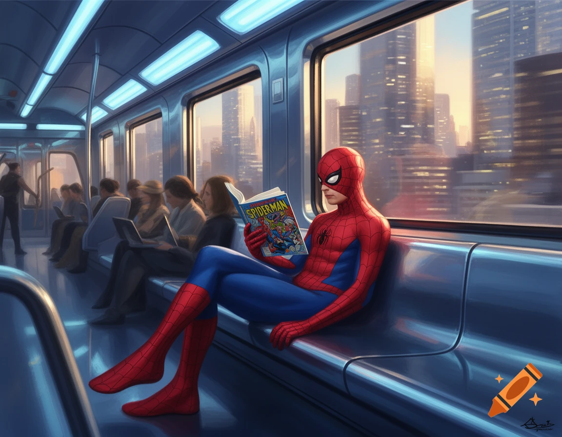 Spider-Man in his suit reads a comic book on a train, looking out at a city skyline, digital illustration.