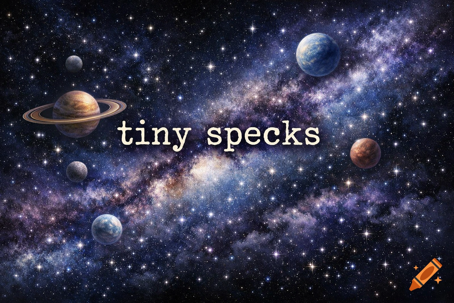A logo with 'tiny specks' in typewriter font, set against a vibrant galaxy with stars and planets.