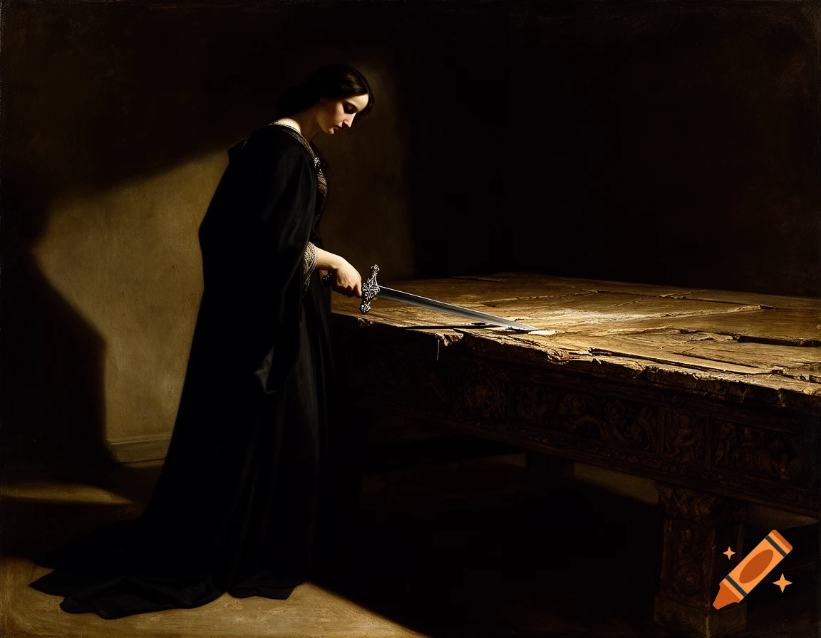 A woman in a dark room, dressed in black, holds a sword over a heavily carved medieval table in a classical painting style.