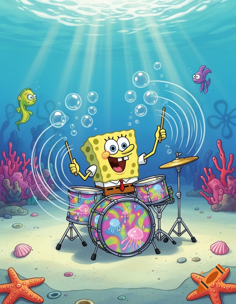 Vibrant cartoon of SpongeBob SquarePants happily playing a jellyfish-patterned drum kit underwater, surrounded by fish and coral.