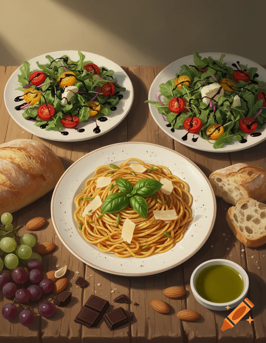 A rustic wooden table laden with plates of spaghetti and salad, fresh bread, grapes, almonds, chocolate, and olive oil.