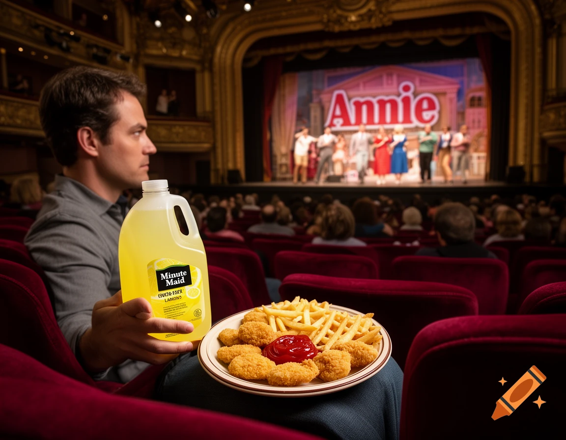 A man in a theater watches the musical Annie, holding a large jug of Minute Maid lemonade and a plate of chicken nuggets and fries.