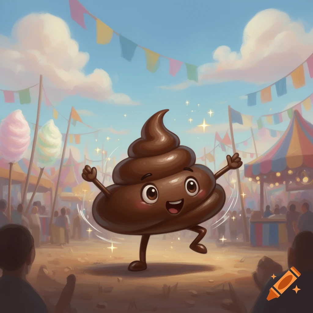 A happy cartoon poop character dancing at a colorful carnival fairground with tents, flags, and cotton candy.