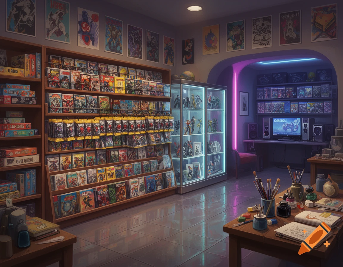 Interior of a vibrant hobby store with shelves full of comic books, board games, and display cases of collectibles, alongside a gaming setup and art supplies on a desk.