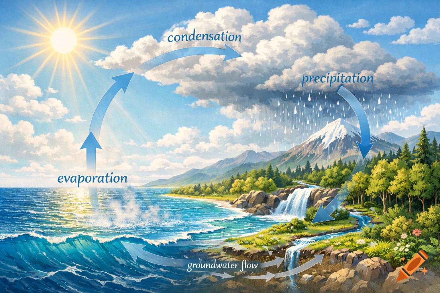 Vibrant illustration of the water cycle with labels evaporation, condensation, precipitation, and groundwater flow.