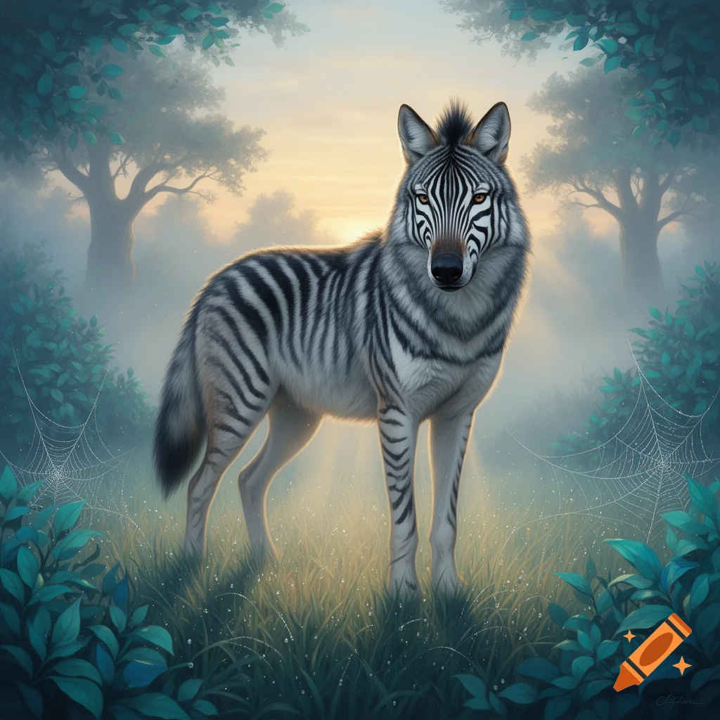 A majestic wolf-zebra hybrid stands in dewy grass in a misty forest during sunrise, with spiderwebs visible.