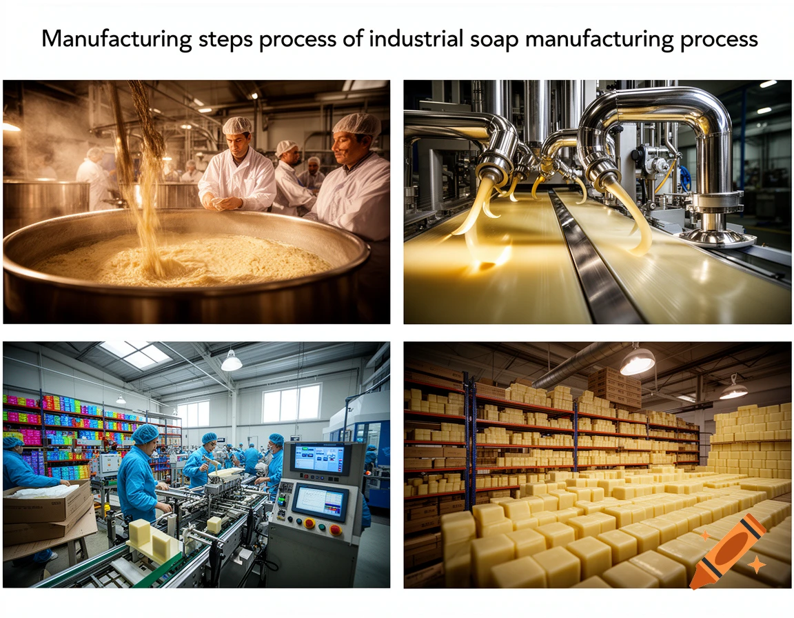 Four panels show industrial soap manufacturing: workers mixing, liquid soap dispensing on a conveyor, packaging, and a warehouse of soap bars.