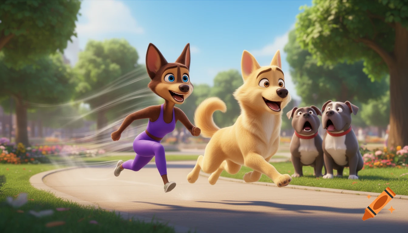 A brown female dog in a purple gym outfit and a golden male dog run joyfully through a vibrant 3D animated park, while two pitbulls watch in surprise.