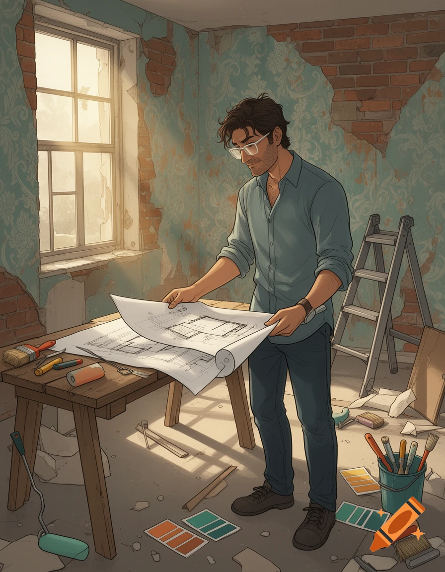 An illustrated man in glasses inspects architectural blueprints in a sunlit room with peeling wallpaper and exposed brick, surrounded by renovation tools.