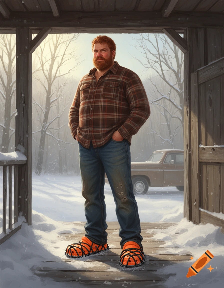 A bearded man in a plaid shirt and jeans stands on a snowy porch, wearing orange Crocs with black lacing. A snowy landscape and old car are visible behind him.