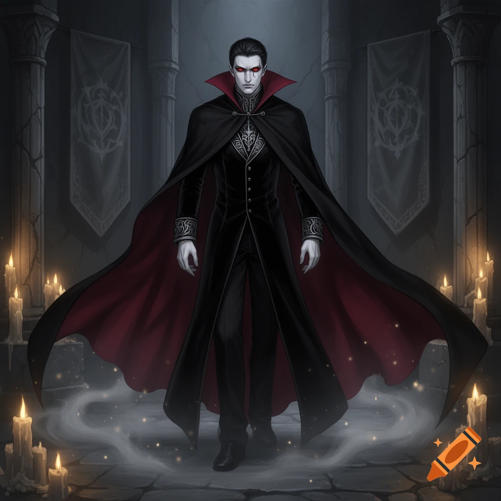 A pale vampire in a black and red cape stands in a candlelit gothic hall with stone pillars and banners.