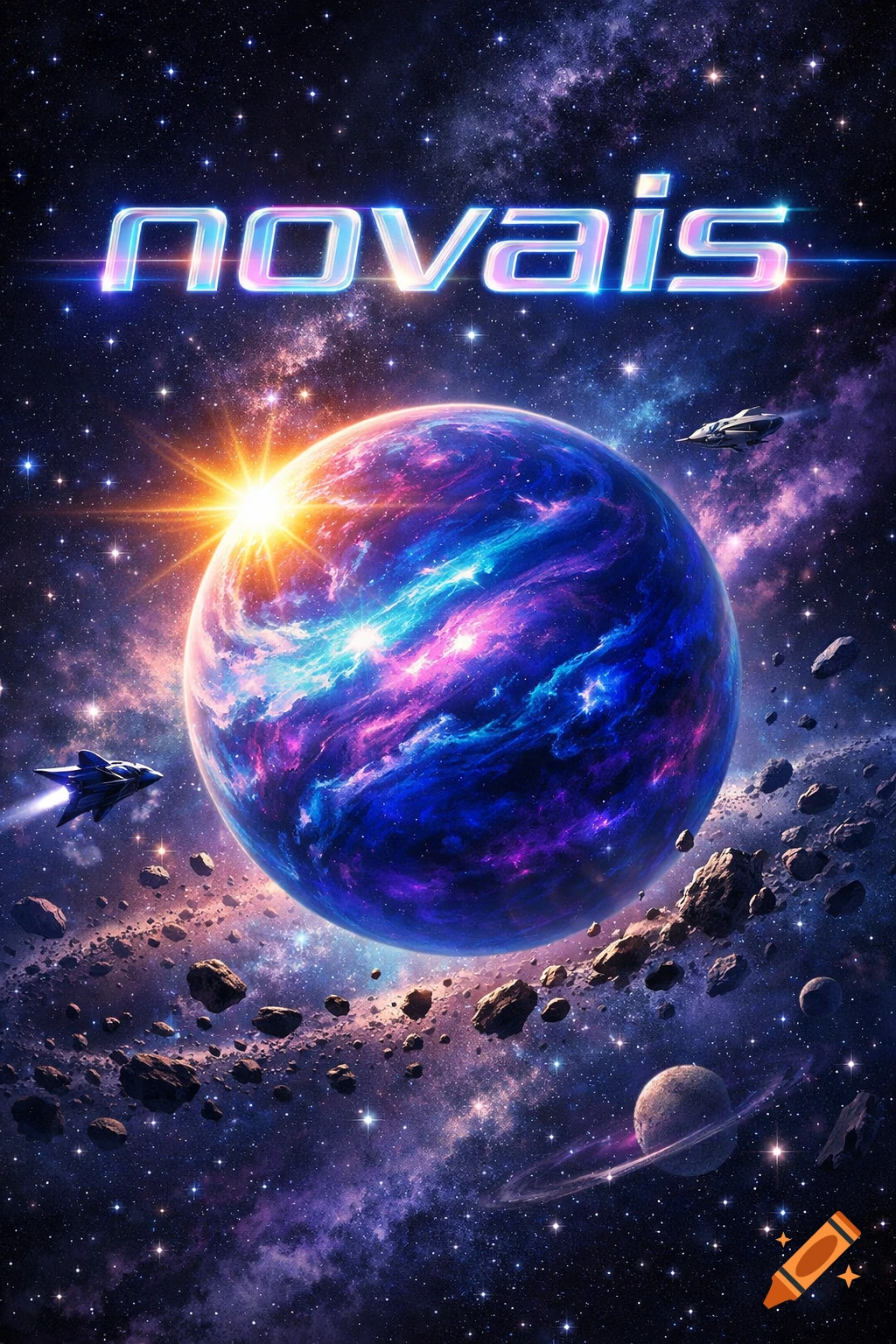 Vibrant, futuristic space scene with a colorful exoplanet, bright sun, spaceships, and asteroid field, with the word "novais" above.