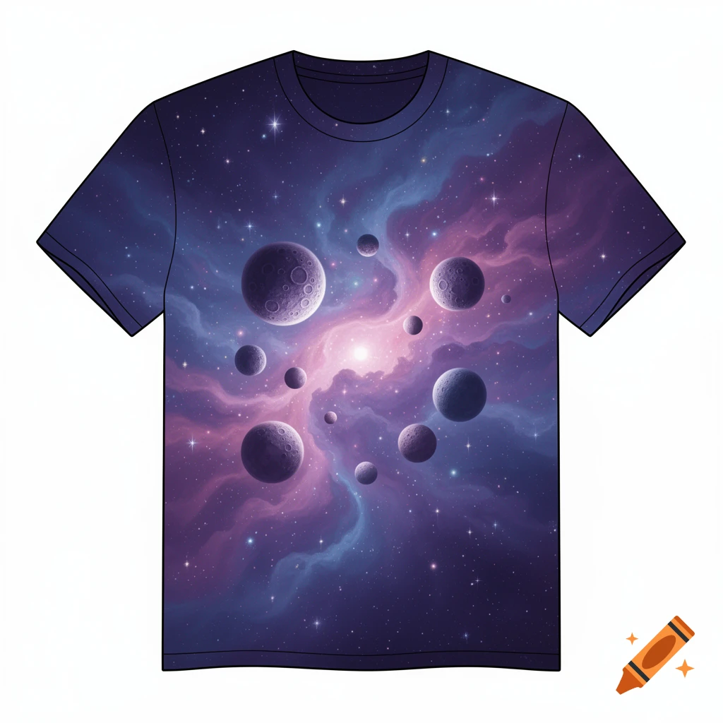 A vector-style t-shirt featuring a dreamy galaxy design with planets, stars, and nebula clouds in purple, blue, and pink gradients.