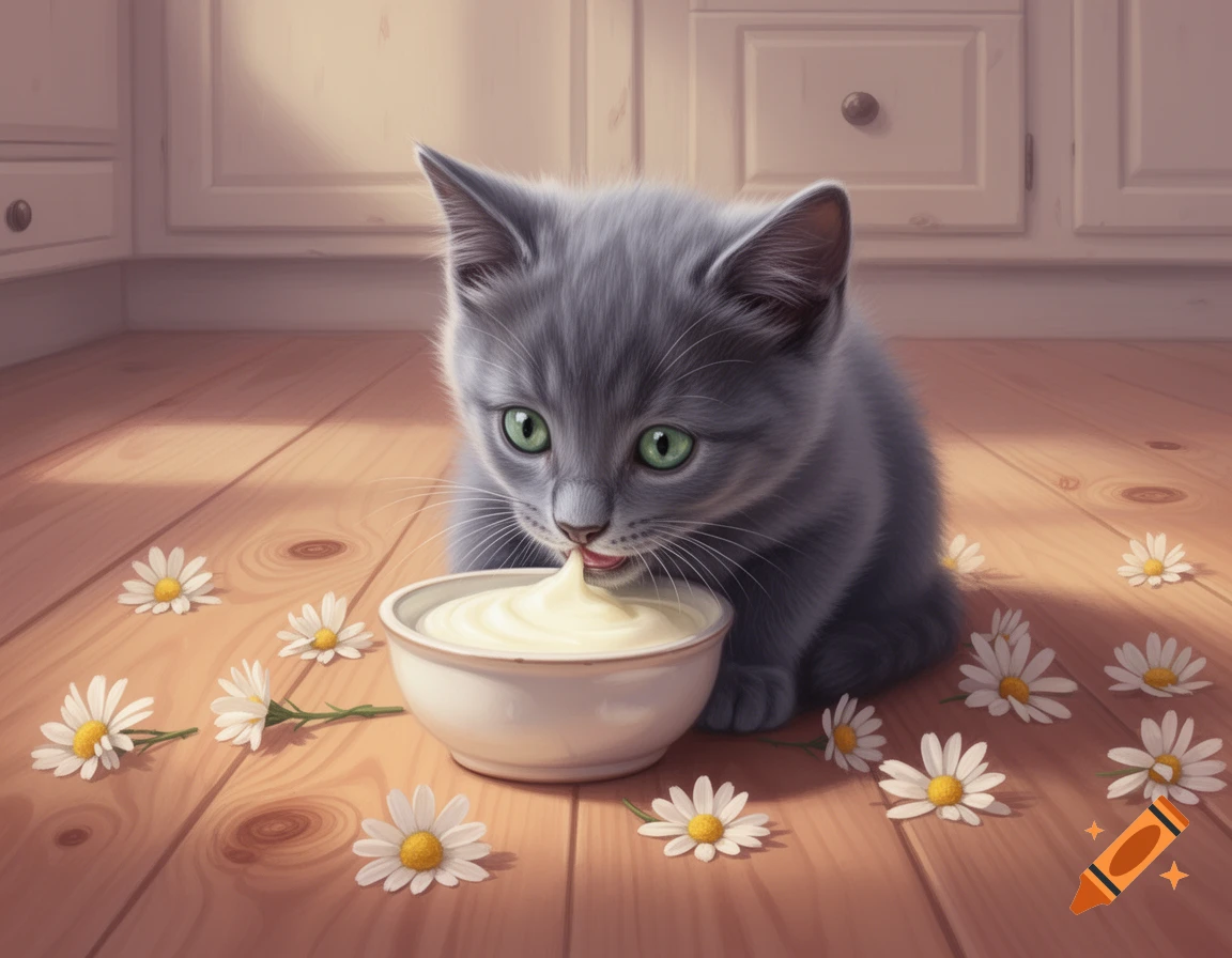A fluffy gray Russian Blue kitten with green eyes laps cream from a white bowl on a wooden floor, surrounded by daisies. Realistic art.