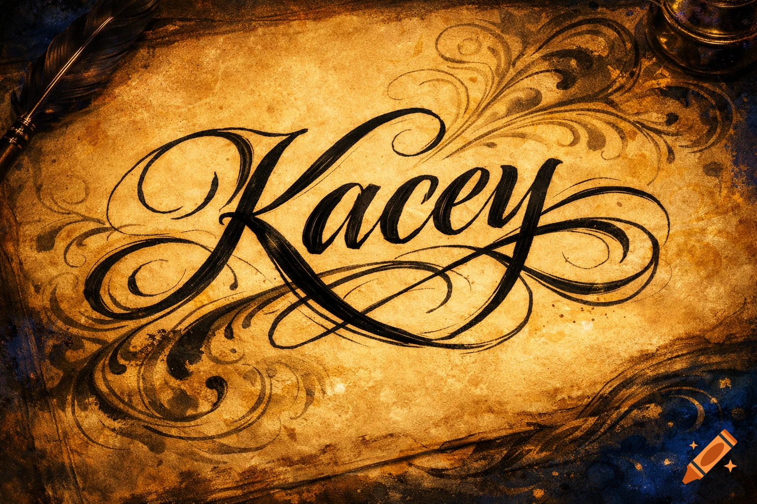 The name 'Kacey' written in ornate black calligraphy on aged, textured parchment, with a quill and inkwell.