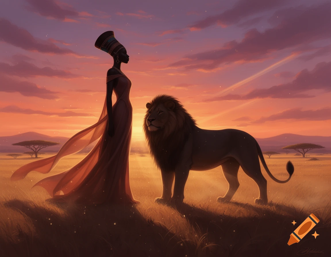 A silhouetted African woman with a tall headpiece stands beside a lion in a savanna at sunset, with acacia trees.