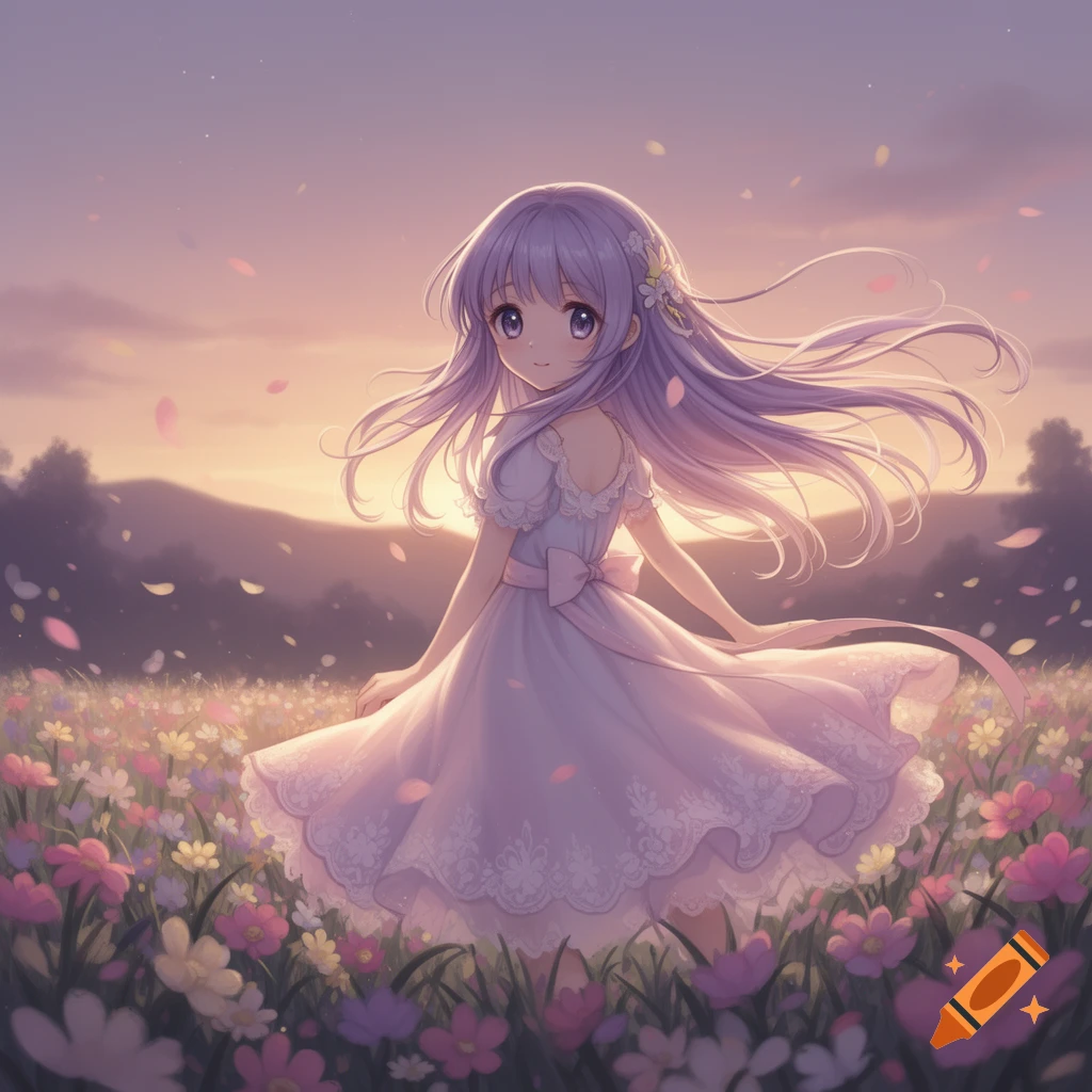 An anime girl with long purple hair in a white dress stands in a ...