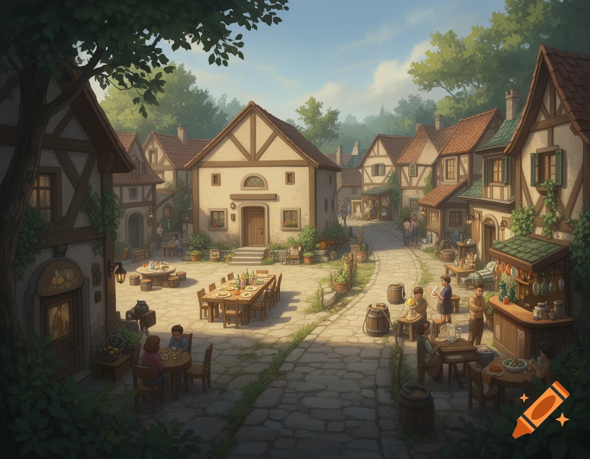 An illustrative fantasy village scene with half-timbered houses, a paved square, and people dining outdoors at a long table.