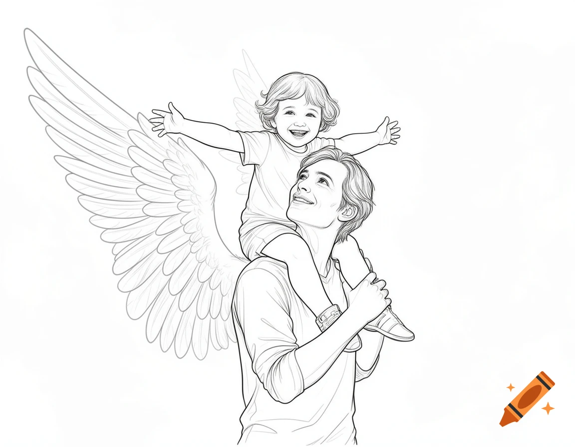 Line art drawing of a man with angel wings carrying a smiling child on his shoulders.
