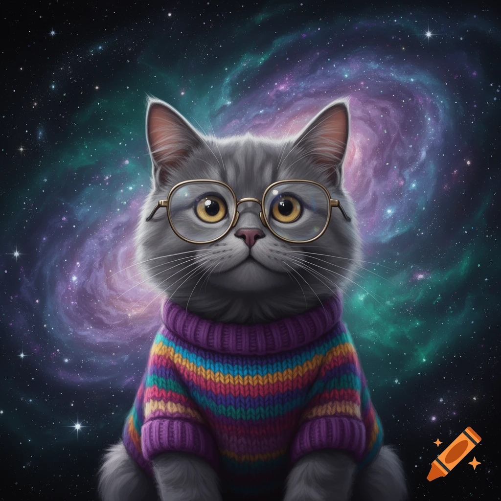 A gray cat wearing gold-rimmed glasses and a striped purple, green, and orange sweater, sitting against a vibrant galaxy background.