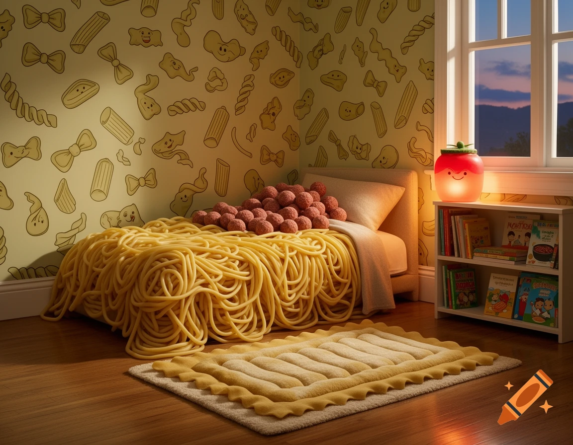 A whimsical kids' bedroom featuring a bed made of spaghetti and meatballs, a lasagna rug, and pasta-patterned wallpaper.