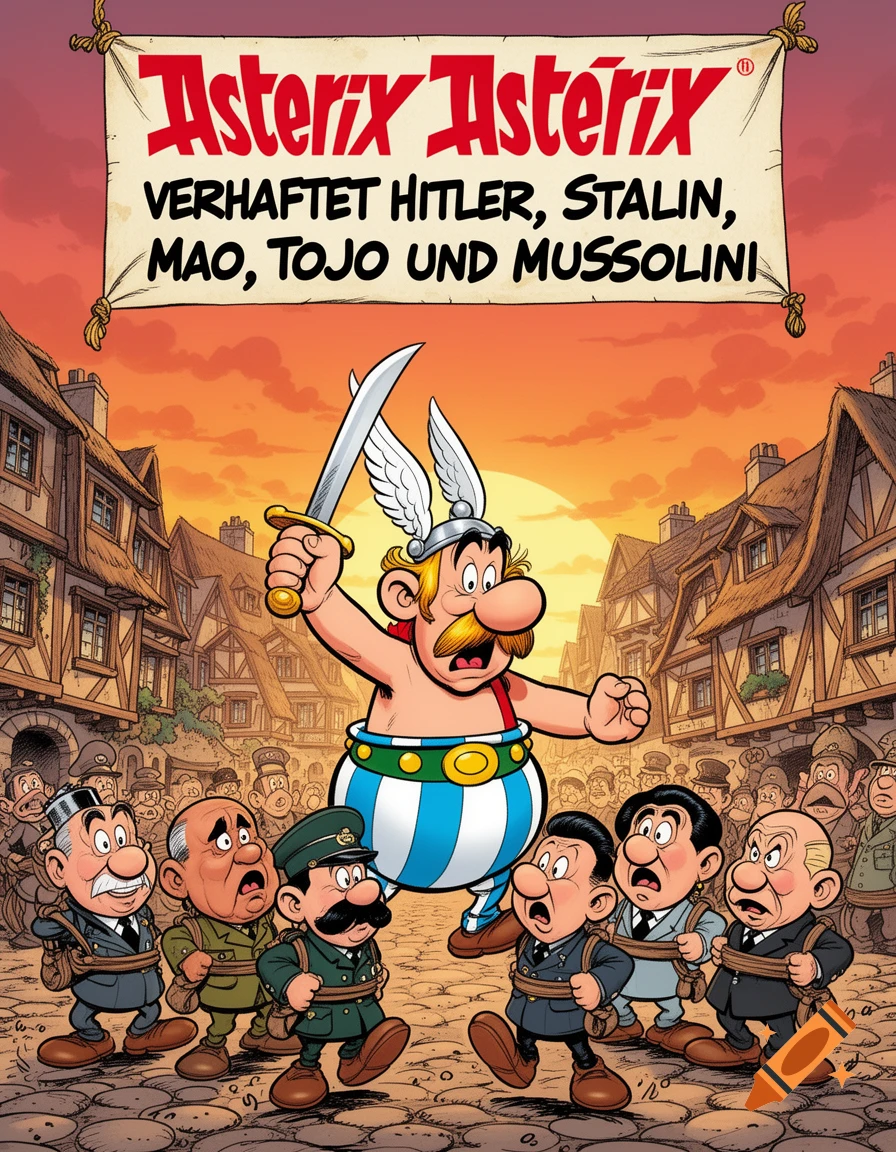 Comic cover: Asterix, sword in hand, leads five historical dictators (Hitler, Stalin, Mao, Tojo, Mussolini) through a village. Banner above.