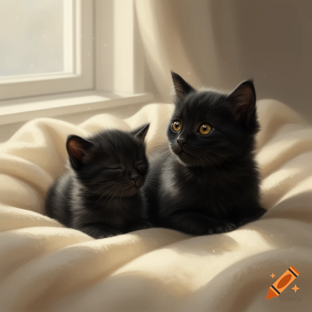 Digital painting of two black kittens on a creamy blanket by a window, one sleeping, one looking up.