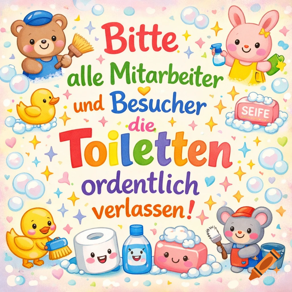 A colorful cartoon sign featuring cute animals cleaning, with German text about leaving toilets tidy, surrounded by bubbles and stars.