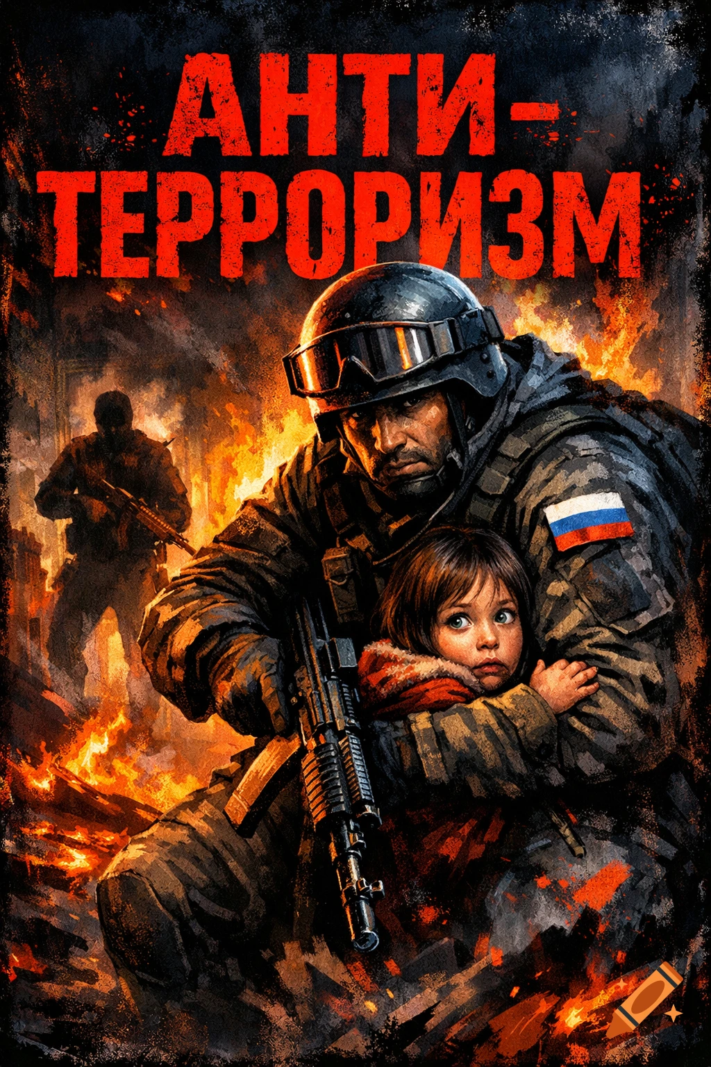 Dramatic poster of a soldier protecting a child in a fiery warzone, with "ANTI-TERRORISM" text overhead.