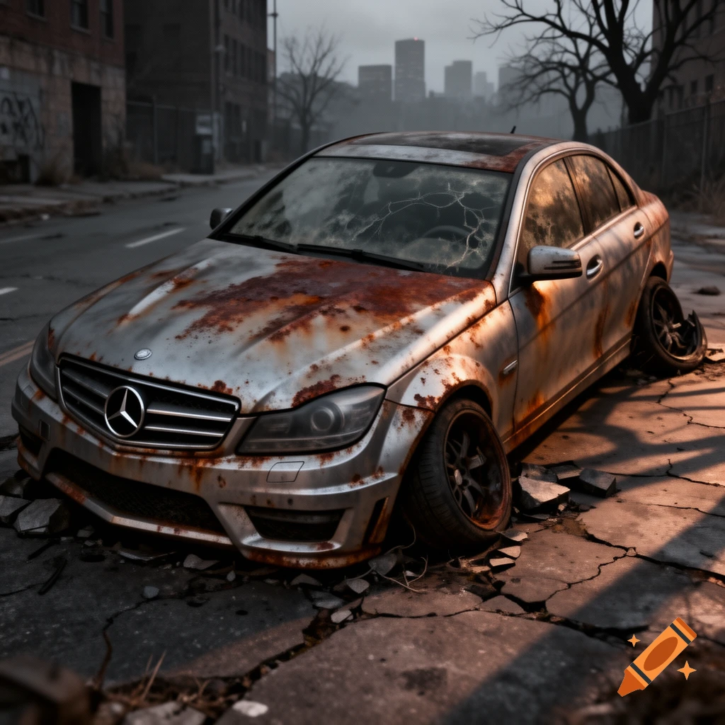 A heavily rusted, dilapidated Mercedes-Benz car sunken into cracked pavement on a gloomy, abandoned urban street.