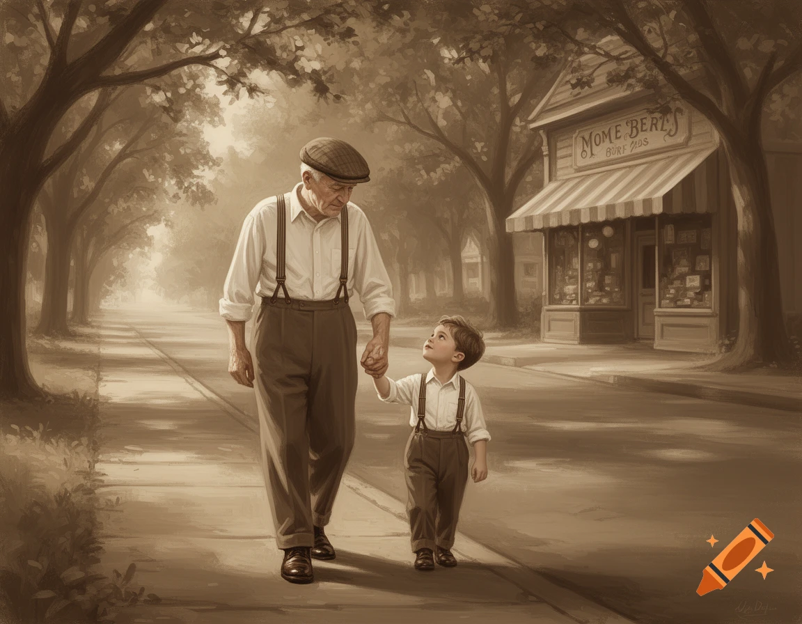 Sepia-toned illustration of an old man and a young boy, both wearing suspenders, holding hands and walking down a tree-lined street past a store.
