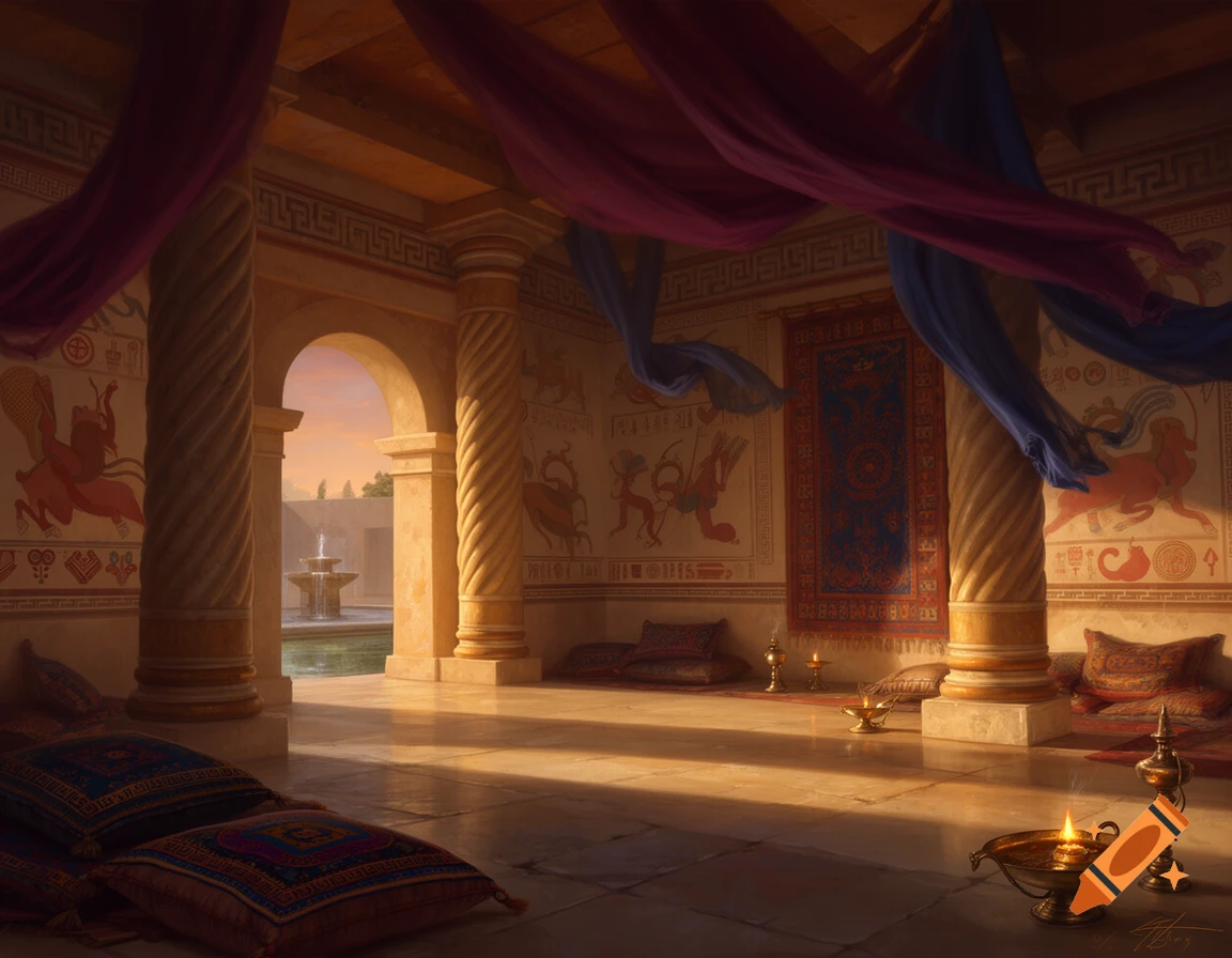Ornate ancient palace interior with pillars, colorful frescoes, draped fabrics, cushions, and oil lamps, overlooking a courtyard fountain at sunset.