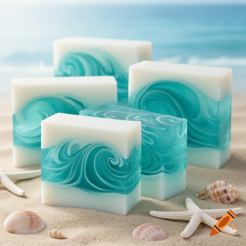 Ocean-inspired melt-and-pour soap bars with teal wave patterns and white bases, surrounded by seashells and starfish on a sandy beach.