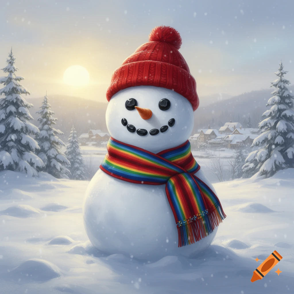 A friendly snowman wearing a red hat and rainbow scarf stands in a snowy winter landscape with pine trees and a distant village under a setting sun.